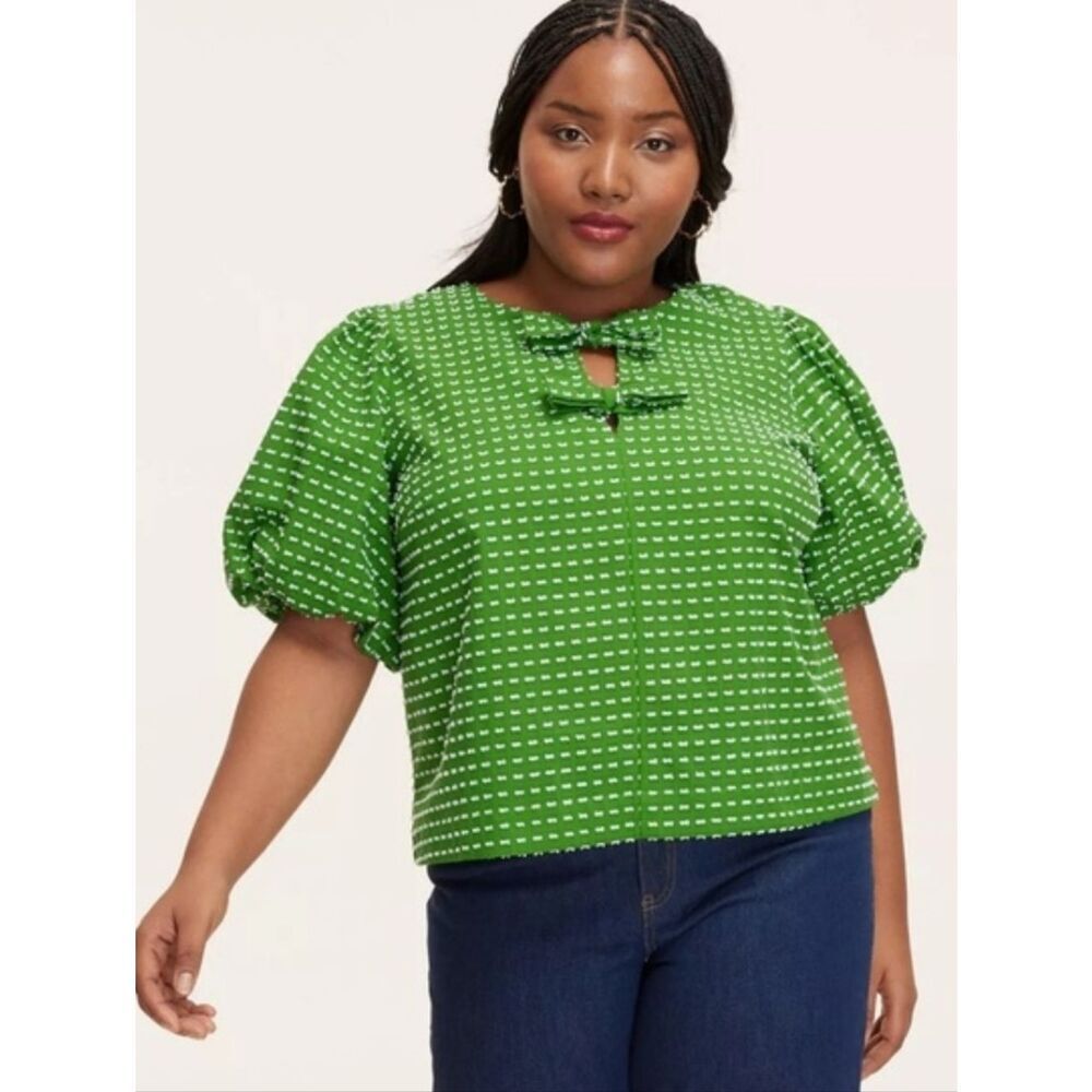 Kate Spade Green Textured Dot Tie-Front Top Size XS
